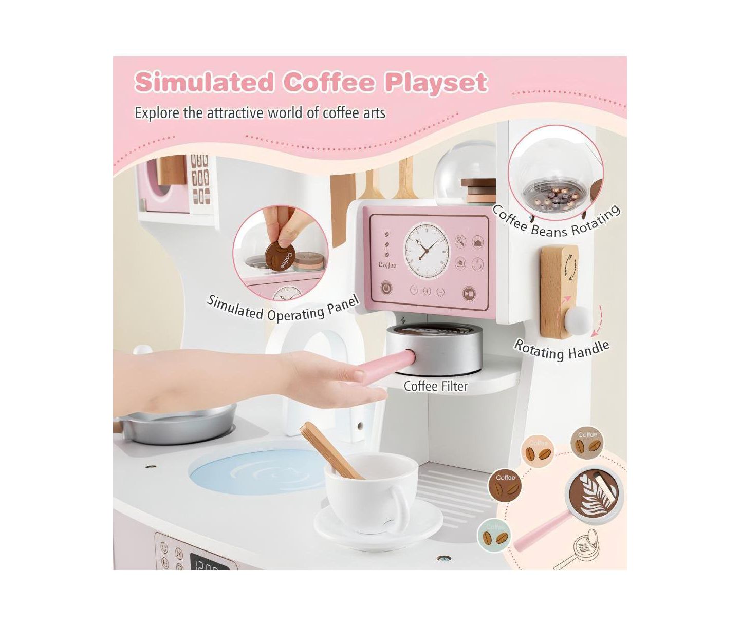 Детский игровой набор HONGGE Coffee Maker Wooden Kitchen Playset, Ages 3+, цвет: Розовый — фото 8