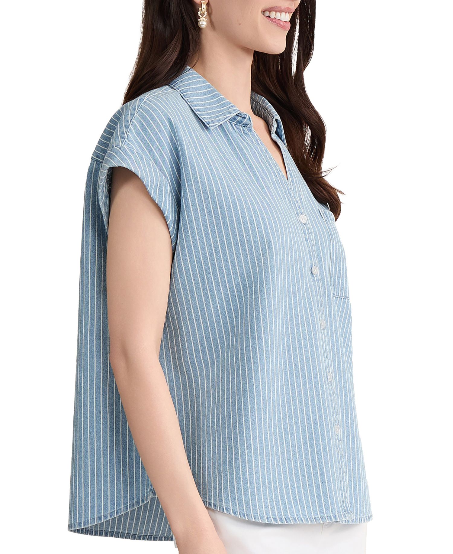 Petite Button-Front Collared Neck Top
