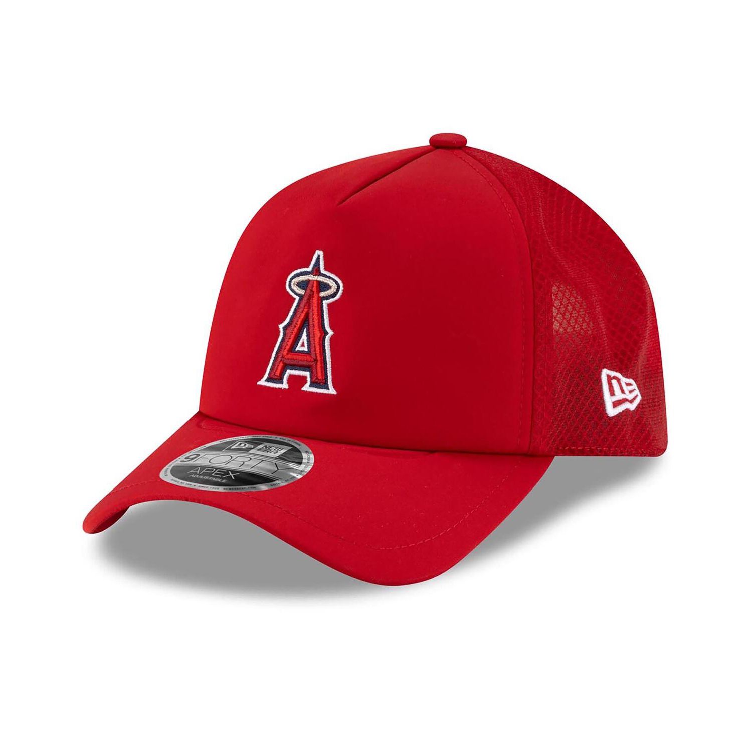 Men's Red Los Angeles Angels 2026 Batting Practice Apex 9FORTY Adjustable Trucker Hat