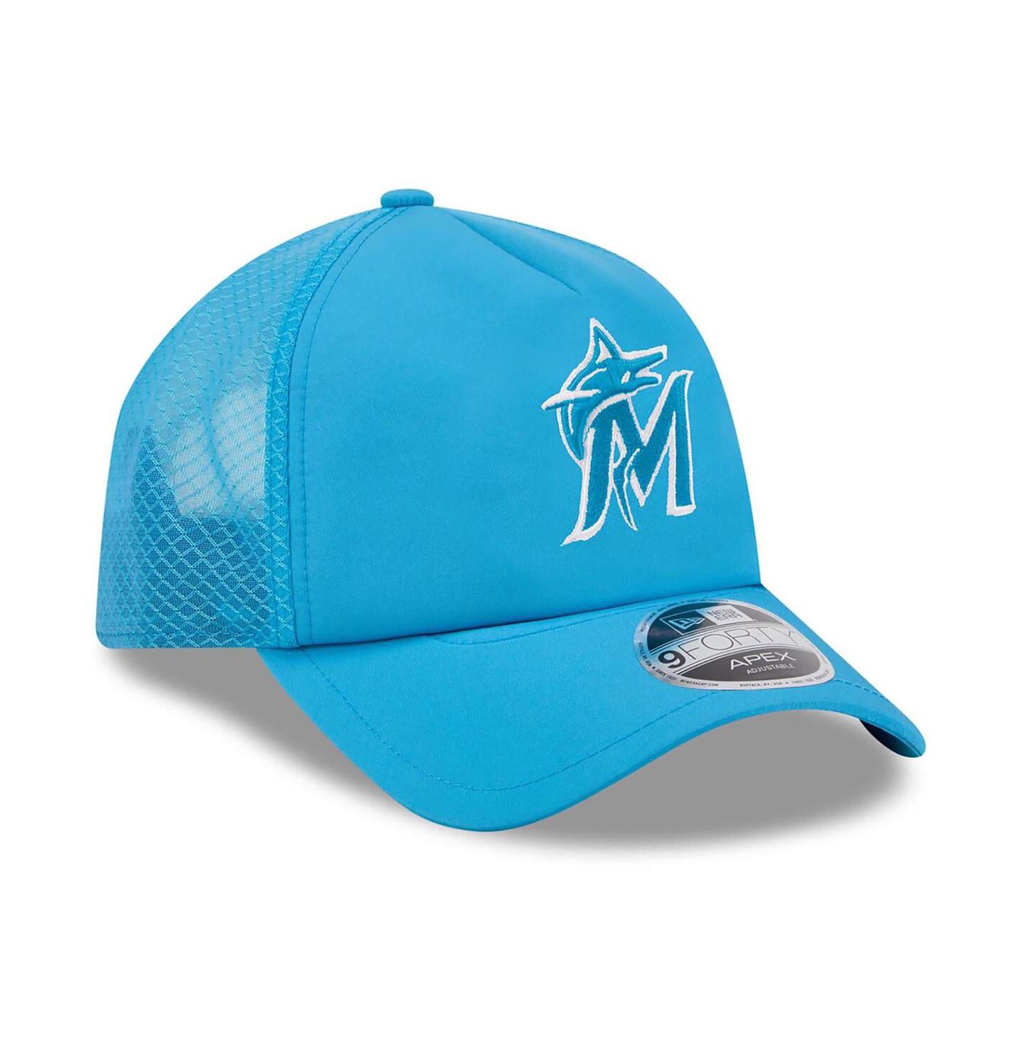 Мужская кепка New Era Blue Miami Marlins 2026 Batting Practice Apex 9FORTY Adjustable Trucker Hat — фото 3