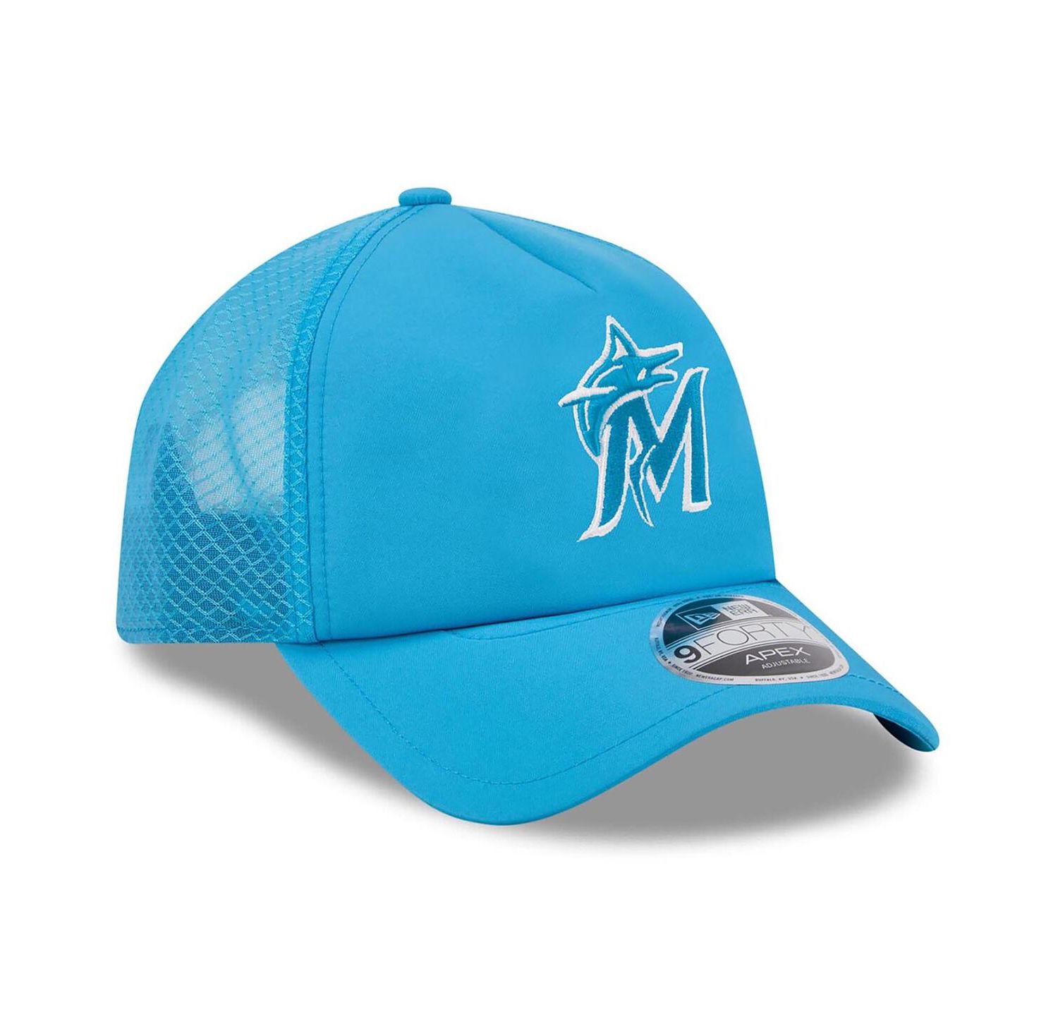 Men's Blue Miami Marlins 2026 Batting Practice Apex 9FORTY Adjustable Trucker Hat