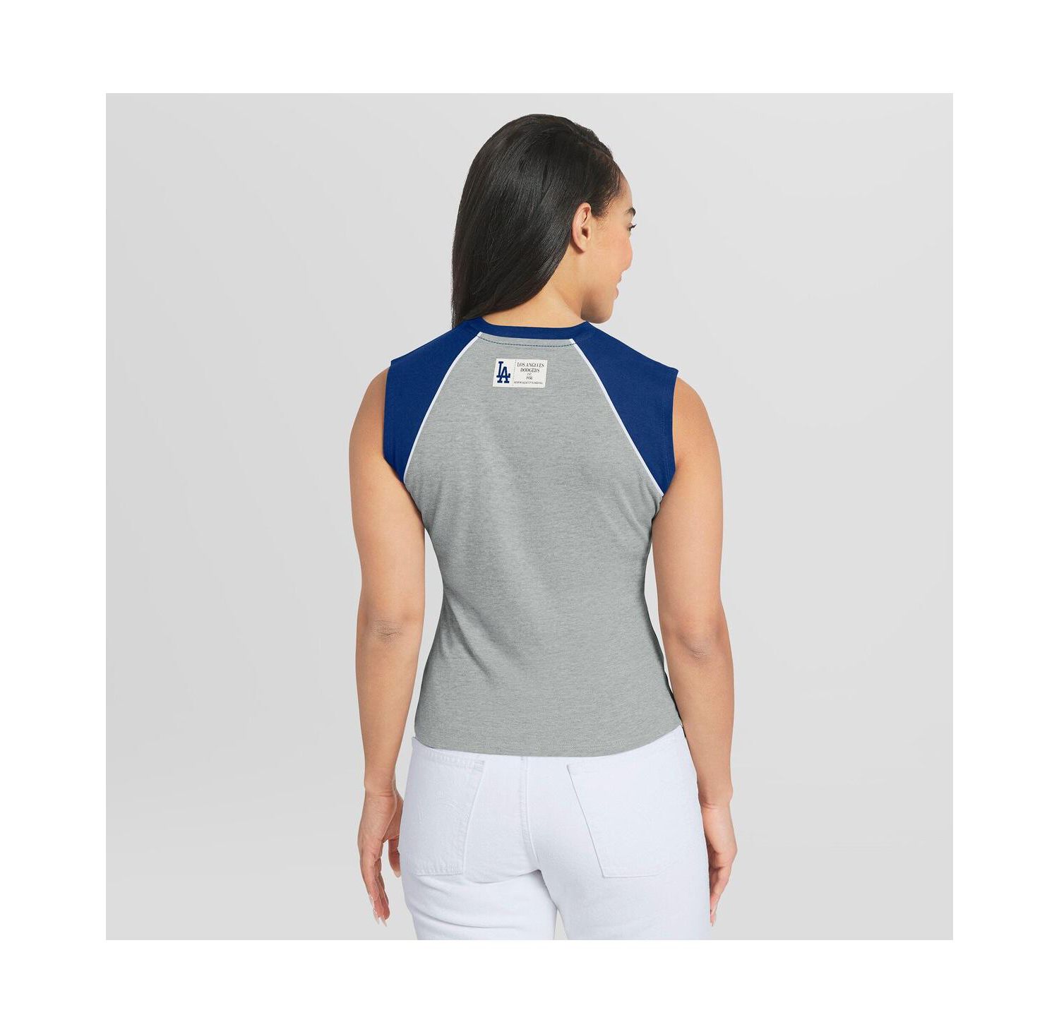 Women's Heather Gray Los Angeles Dodgers Cropped Raglan Tank Top