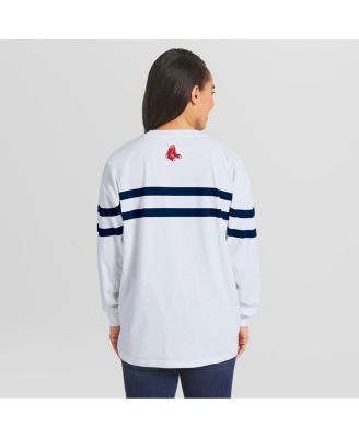 Women's White Boston Red Sox Oversized Long Sleeve Striped T-Shirt