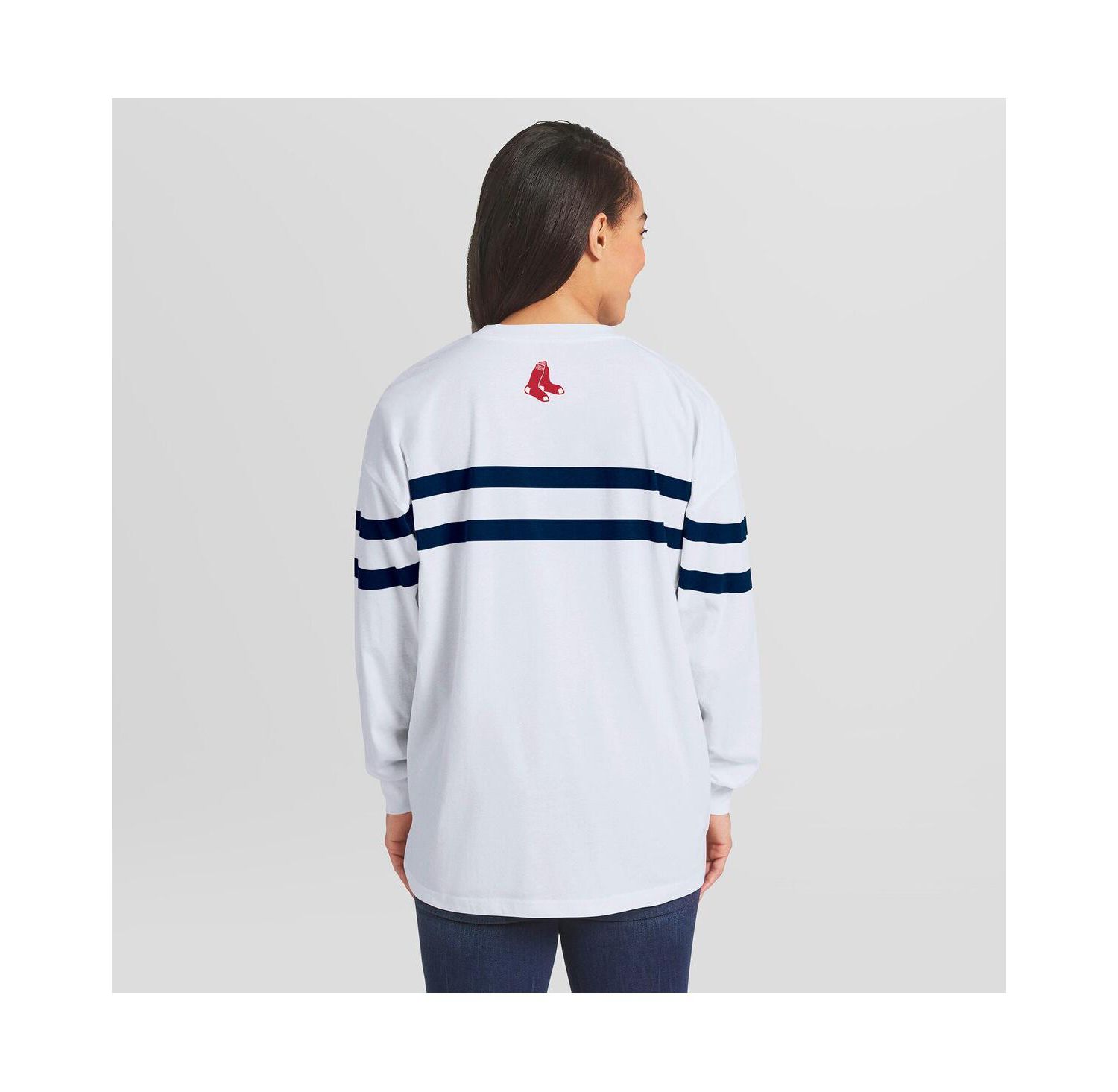 Women's White Boston Red Sox Oversized Long Sleeve Striped T-Shirt