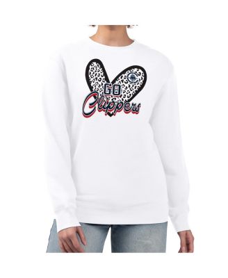 Women's White LA Clippers Leopard Heart Fleece Pullover Sweatshirt