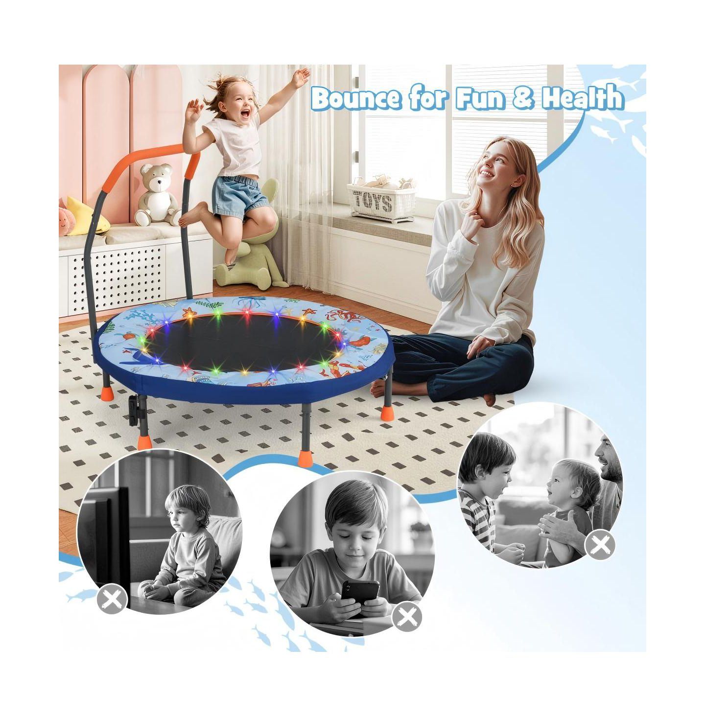 Детская игрушка HONGGE 36" x 36" x 32" LED Light Foldable Trampoline with Safety Cover, Ages 3-8, цвет: Синий — фото 9