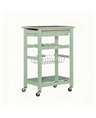 Granite top pine kitchen storage cart with casters and drawers