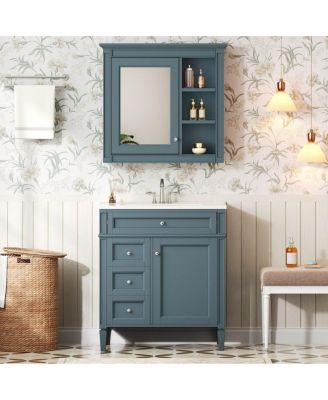 24" Indigo Modern Luxury Ceramic Sink Bathroom Vanity, Open Shelf Closed Cabinet Storage, 4" Faucet Fit