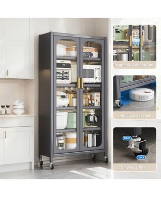 5 Tier Metal Display Storage Cabinet with Transparent Door, Adjustable Shelves and Wheels, Food Pantries Cabinets for Kitchen