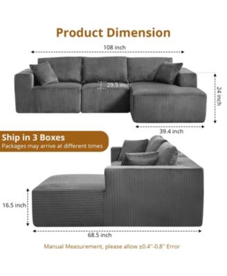108" L-Shaped Modular Sectional Sofa, 3-Piece Corduroy Cloud Couch with Right Facing Chaise and Armrests, No Assembly