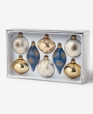 Opulence Set of 8 Glass Gold, White and Blue Mixed Ornaments