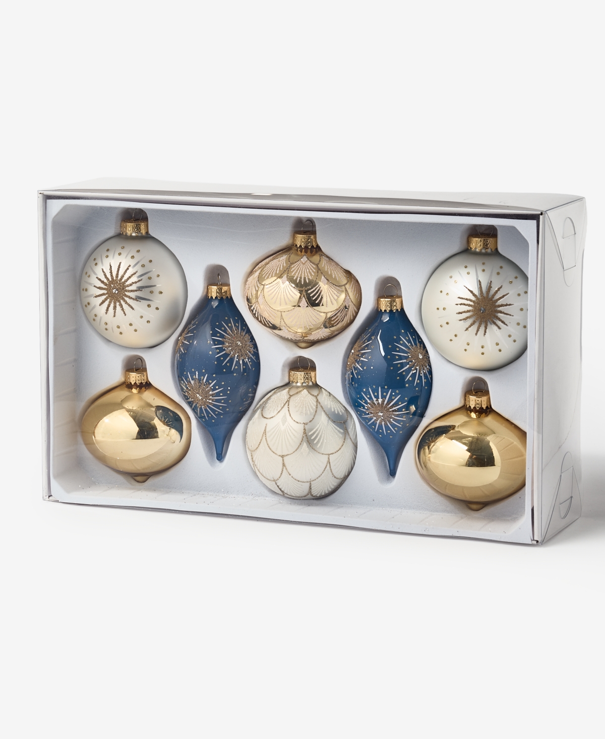 Holiday Lane Opulence Set of 8 Glass Gold, White and Blue Mixed Ornaments, Macy's Exclusive