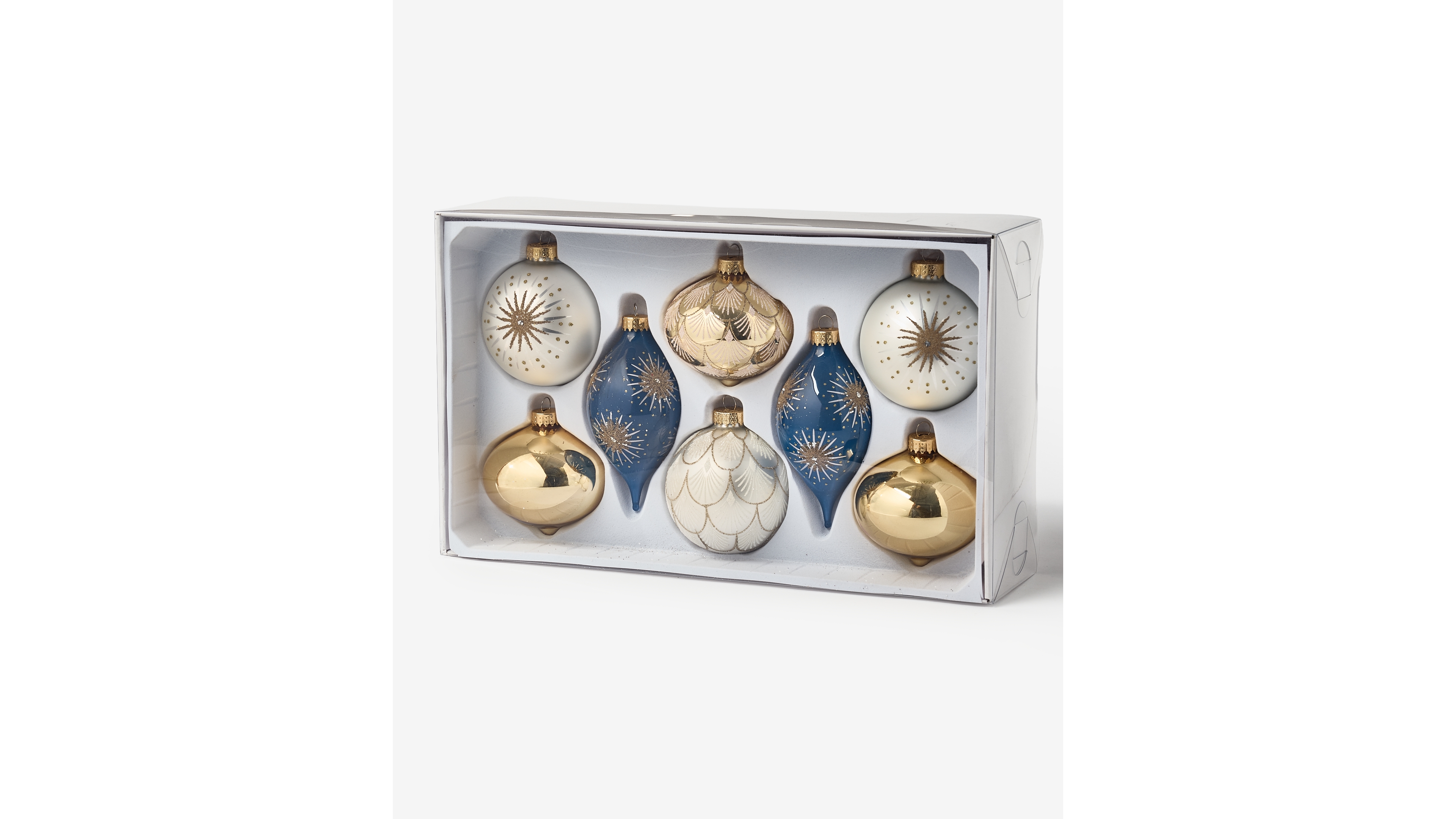 Holiday Lane Opulence Set of 8 Glass Gold, White and Blue Mixed Ornaments, Macy's Exclusive