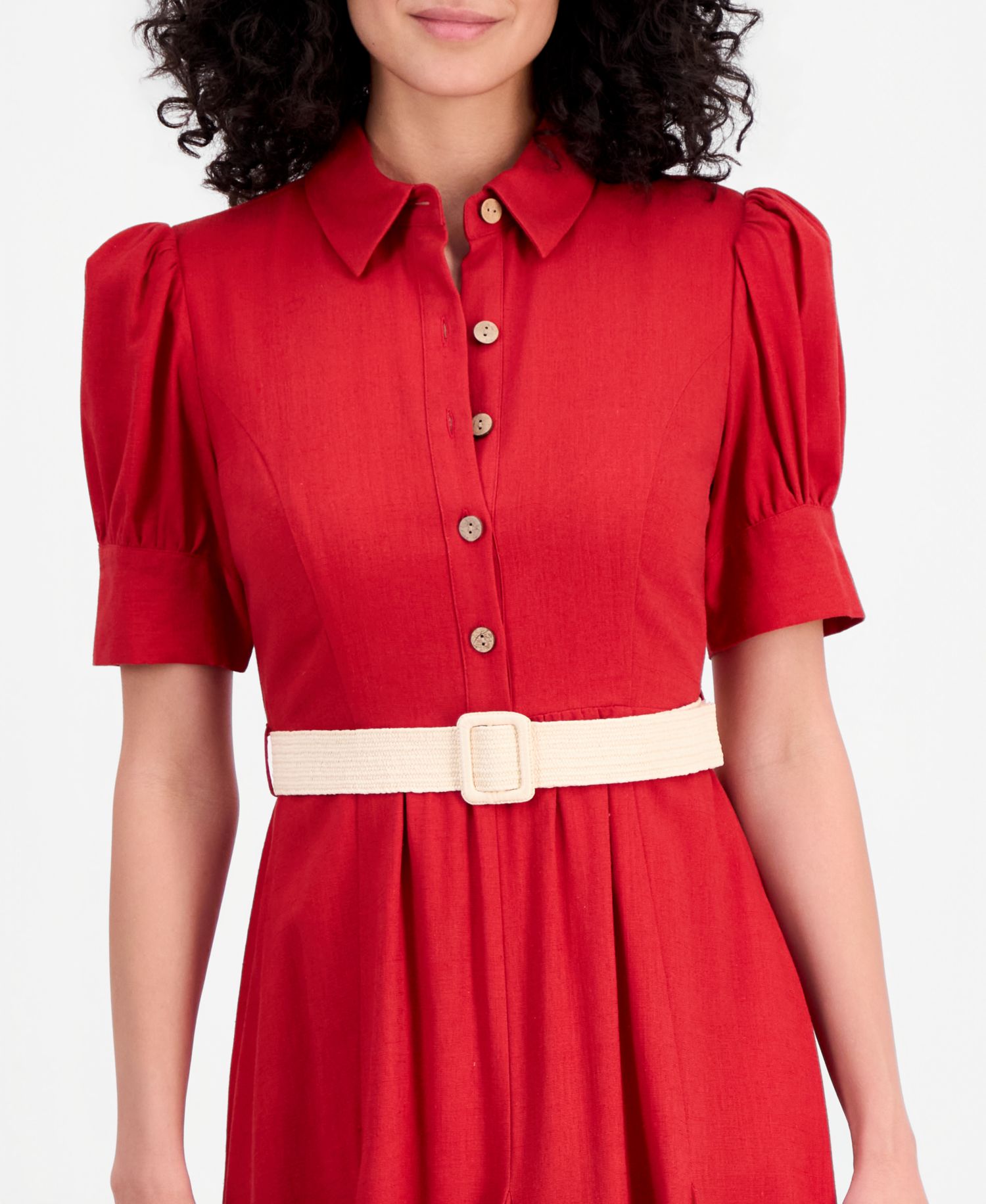 Women's Short-Sleeve Belted Linen Blend Dress