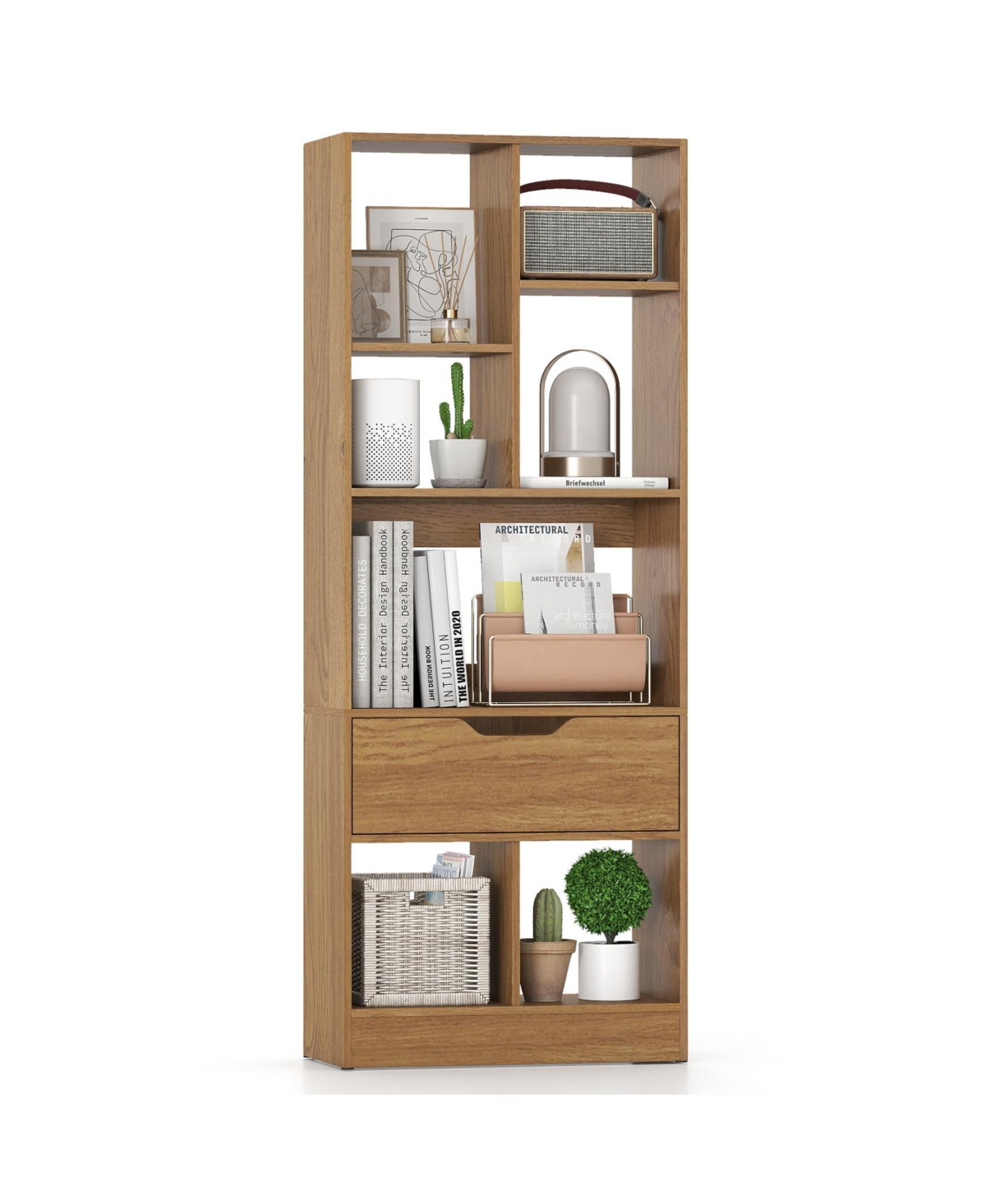 Slickblue 51 Inch Bookcase with Drawer and 7 Storage Compartments