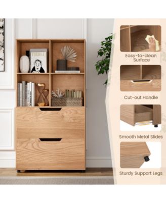 Tall Freestanding Bookcase with Drawers and Open Shelves