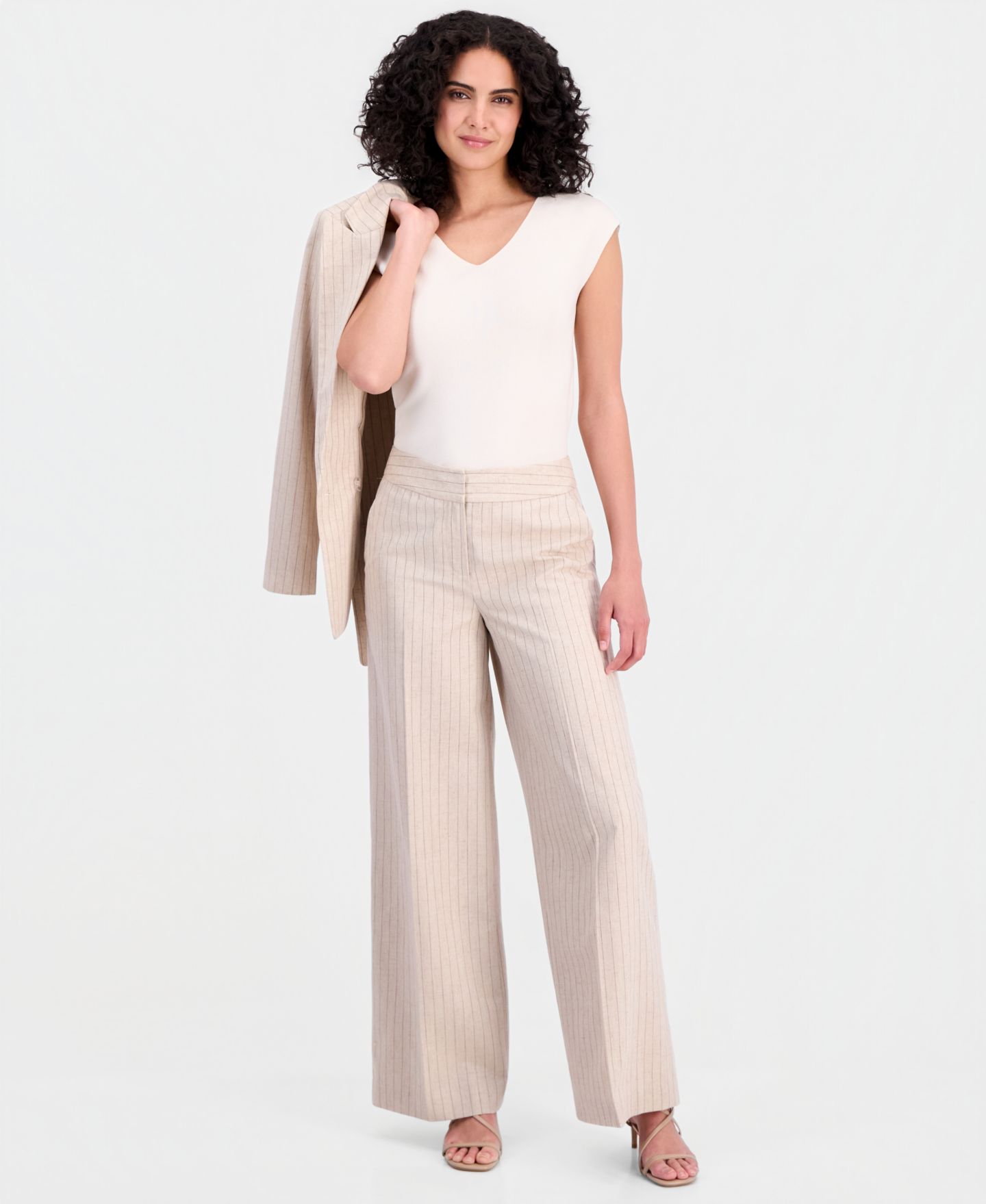 Женские брюки Tahari ASL Pinstripe Wide-Leg Linen Blend Pant, цвет: Дюнный тёмно-коричневый — фото 1