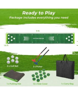 11 FT Putting Green Mat with 2 Adjustable Putters and 6 Balls