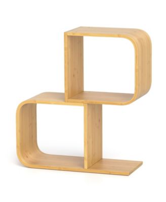 2-Tier S-Shaped Bamboo Bookcase with 2 Open Cubes for Living Room