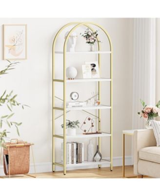 5-Tier Modern Arched Bookshelf, Tall Metal Bookcase,  Marble Veneer, Vertical Display for Office or Living Room
