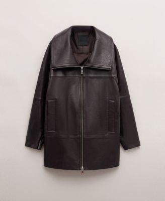 Women's Oversized Funnel-Neck Leather Coat