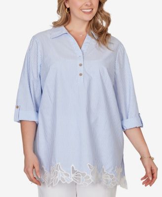 Plus Size Coastal Stripe Lace-Hem Henley Top
