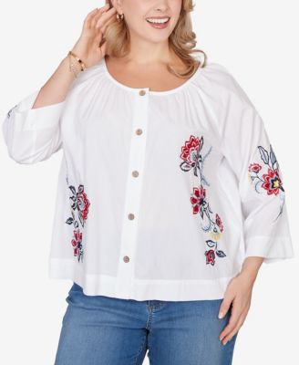 Plus Size Floral Embroidered Poplin Button-Front Top
