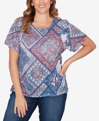 Plus Size Patchwork Shirred Crew Neck T-Shirt