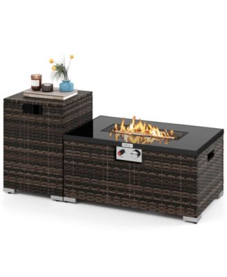 2-Piece Outdoor Rattan Fire Table Set 32 Inch Rectangle Gas Firepit with Tank Cover
