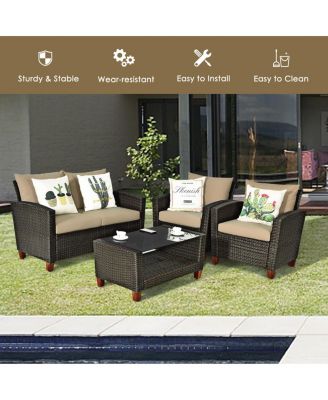 4PCS Cushioned Rattan Conversation Set w/ Coffee Table Patio Outdoor