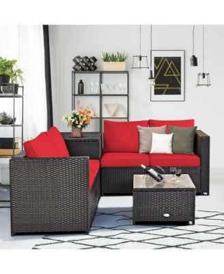 4PCS Cushioned Rattan Patio Conversation Set w/ Side Table Cushion