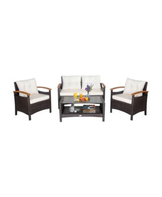 4PCS Patio Conversation Set Rattan Sofa Furniture Set w/ Off Cushions