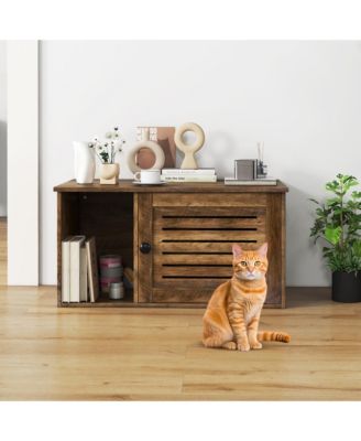 Cat Litter Box Enclosure w/ Winding Entry Louvered Door Wooden Pet Side Table