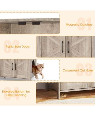 Cat Litter Box Enclosure for 2 Cats w/ Double Rooms Wooden Cat Washroom Cabinet