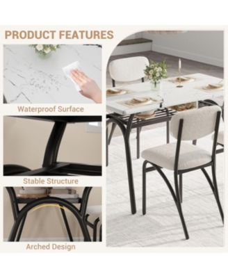 5-Piece Modern Dining Table Set for 4, Dining Table with Storage Shelf & Boucle Chairs, Marble Top, Small Spaces