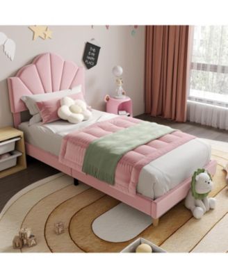 Upholstered Bed Frame Height Adjustable Headboard for Kids Wood Slats Metal Frame Easy Build