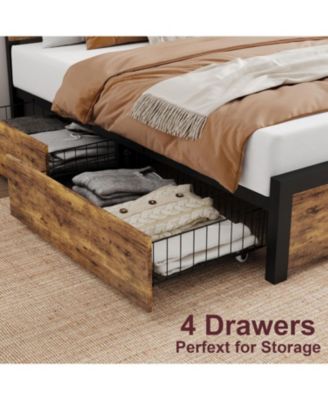 Full Wood Bed Frame with 4 Storage Drawers, Vintage Platform Bed with Metal Support, Wooden Headboard and Footboard, No Box Spring