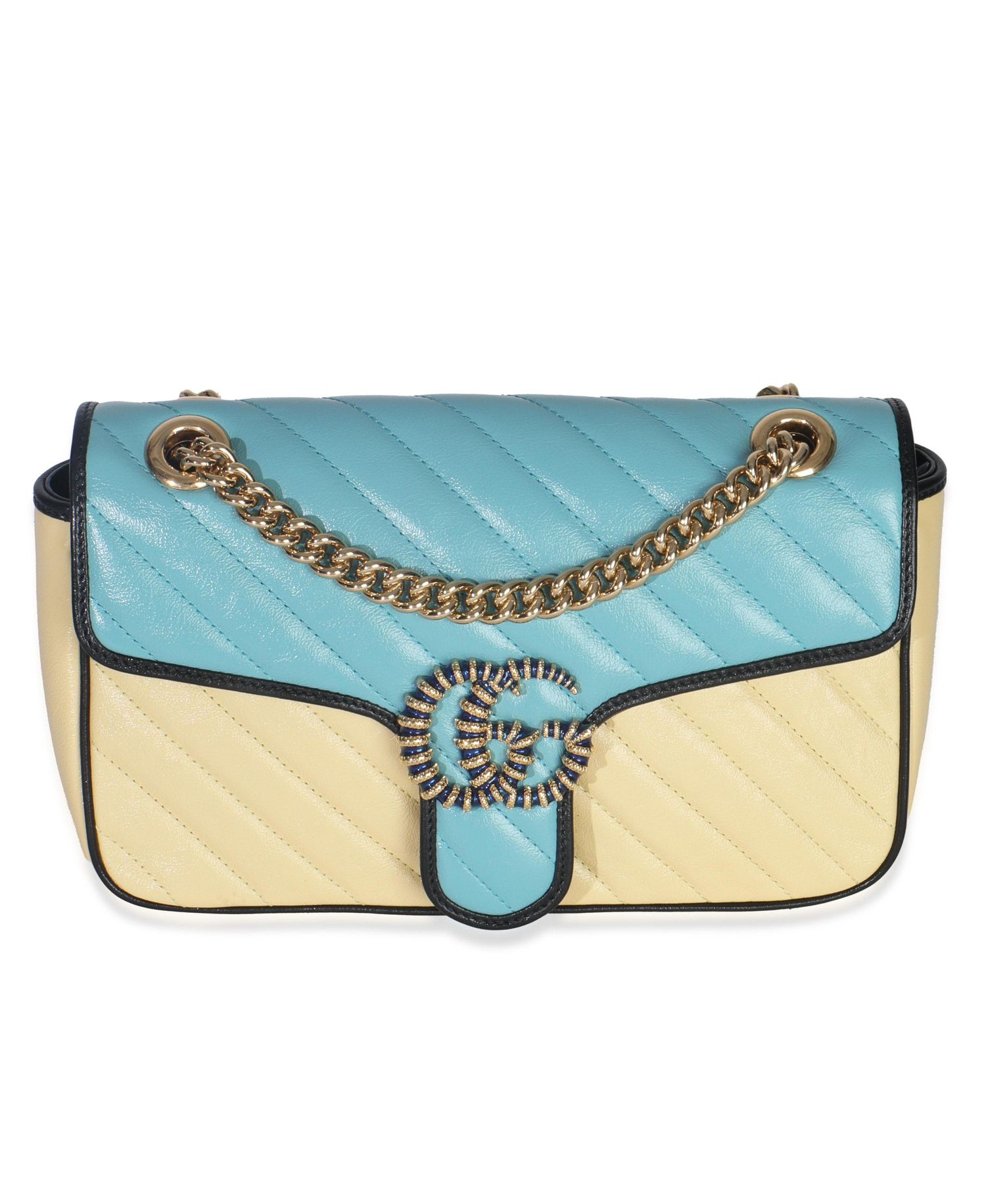 Blue Yellow Calfskin Matelasse Diagonal Torchon Small GG Marmont Bag