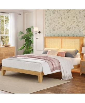 Queen Rattan Bed Frame With LED Headboard and Rattan Strong Wood Platform Silent Slats Storage No Box Spring