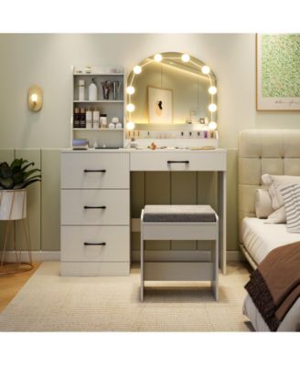 Makeup Vanity Desk and Stool Set with Mirror and Lights