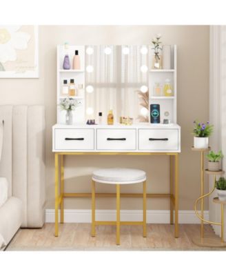 Vanity Desk with Mirror Lights and Cushioned Stool Set