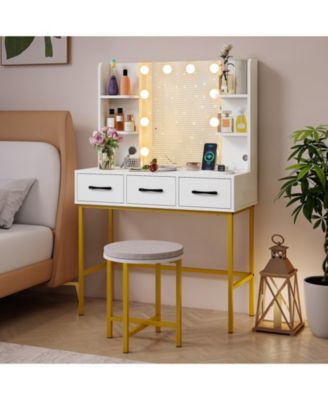 Vanity Desk with Mirror Lights and Cushioned Stool Set