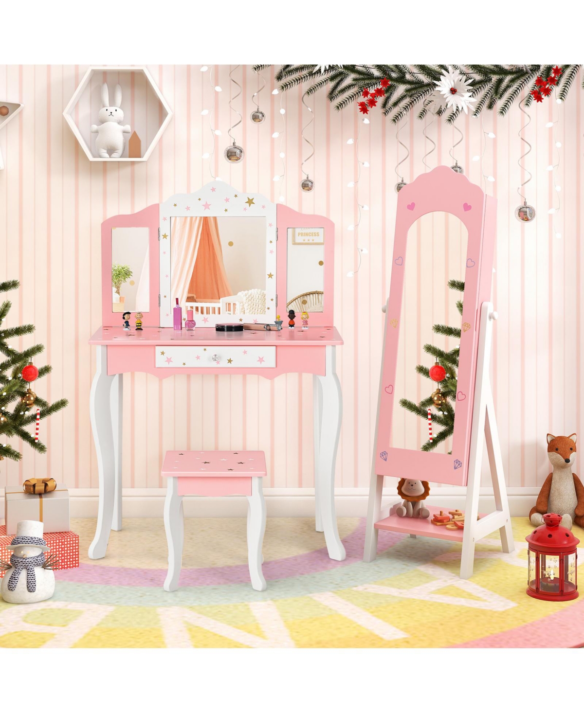 Sugift Two Piece Kids Vanity and Jewelry Armoire with Full Mirror