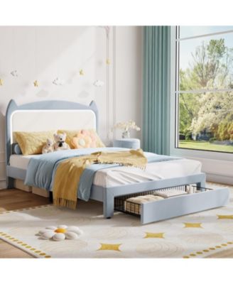 Upholstered LED Bed Frame with Storage Drawer and Cat Headboard, Velvet Princess Platform Bed for Kids