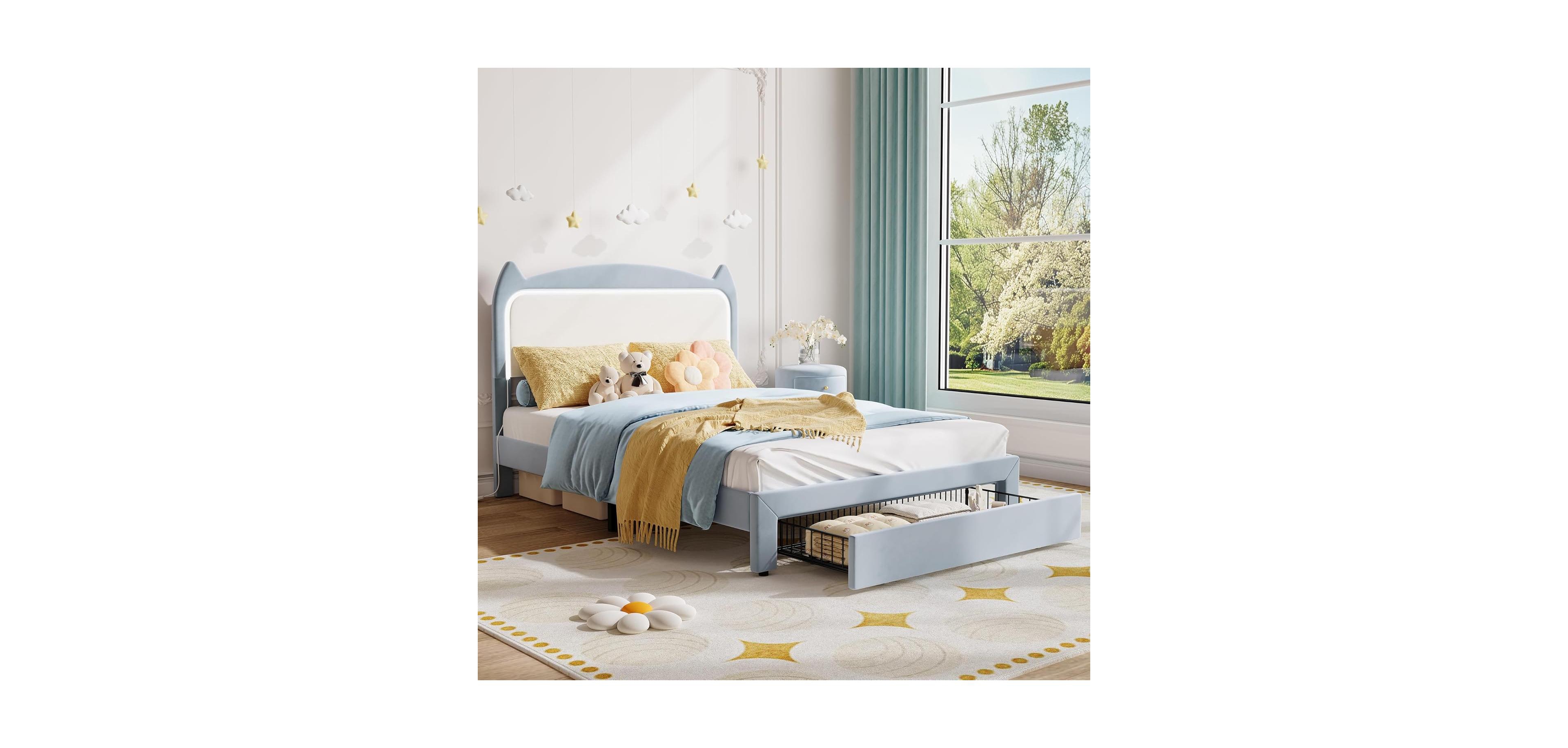 gaomon Upholstered Led Bed Frame with Storage Drawer and Cat Headboard, Velvet Princess Platform Bed for Kids