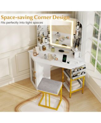 Corner Vanity Desk with Triple Mirror and Lights