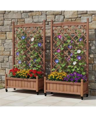 2 Pack Raised Garden Bed with Trellis, Outdoor Wooden Planter Box & Plant Stand with Climbing Racks