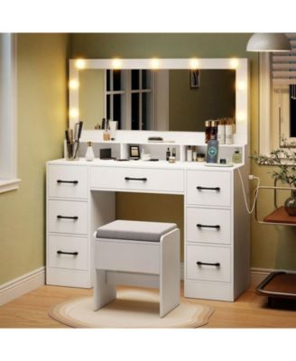 Vanity Desk with Mirror Lights and Power Outlets