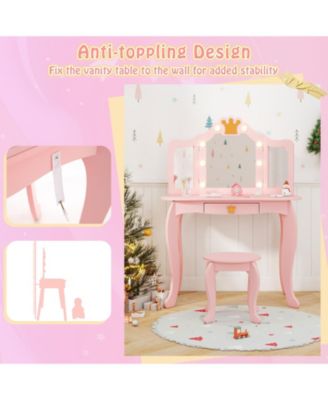 Kids Vanity Set with Tri Fold Lighted Mirror and Stool