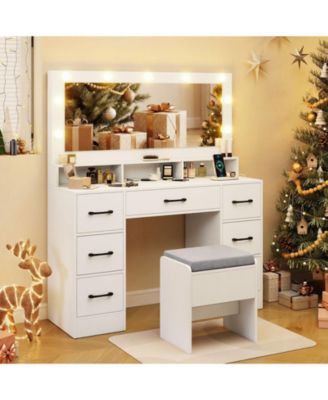 Vanity Desk with Mirror Lights and Power Outlets
